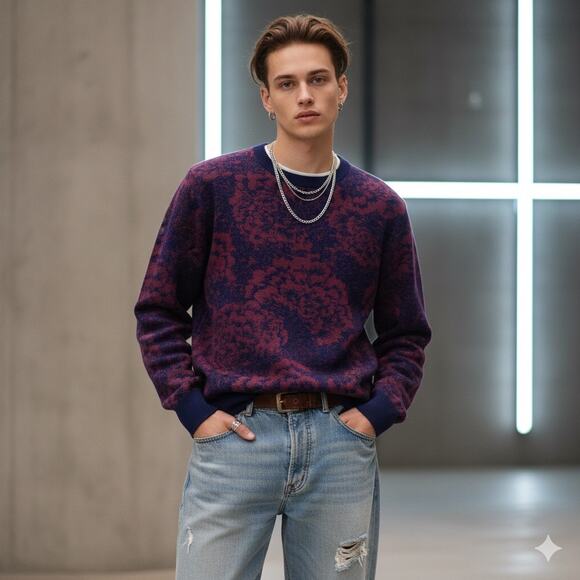 Floral Counterculture Cotton Sweater‎ Obey Propaganda Navy Burgundy Men’s Large